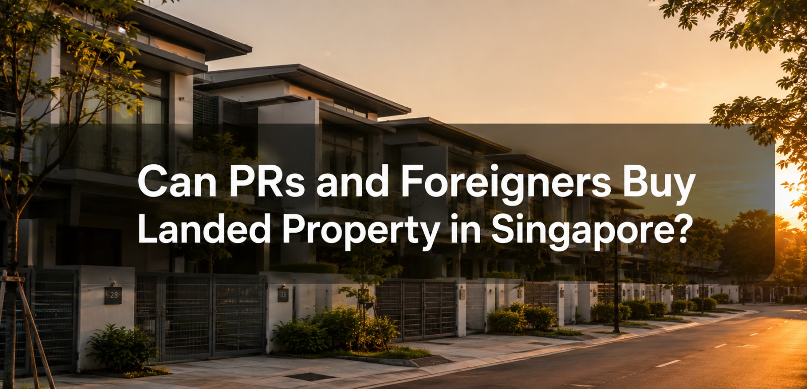 Row of modern landed terrace houses in Singapore at sunset
