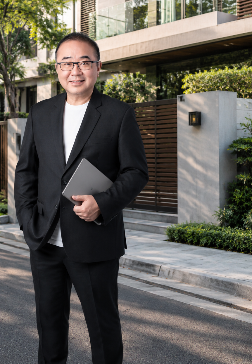 Colin Choo, a trusted landed property agent in Singapore, in front of a modern terrace home