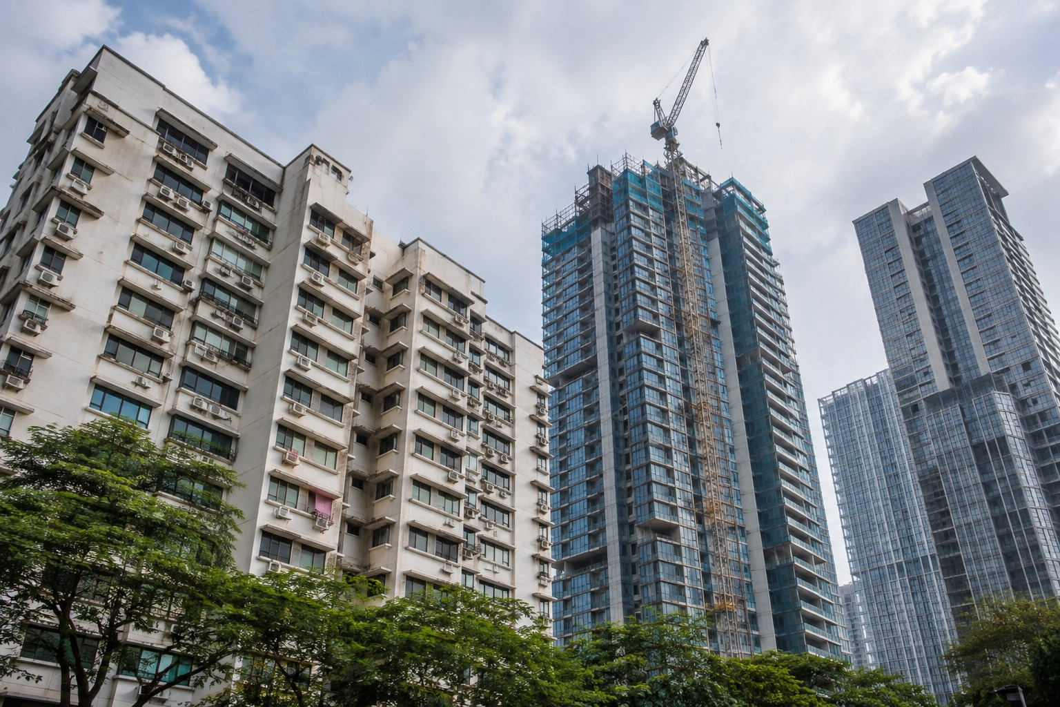 Older Singapore condominium block beside new high-rise developments under construction