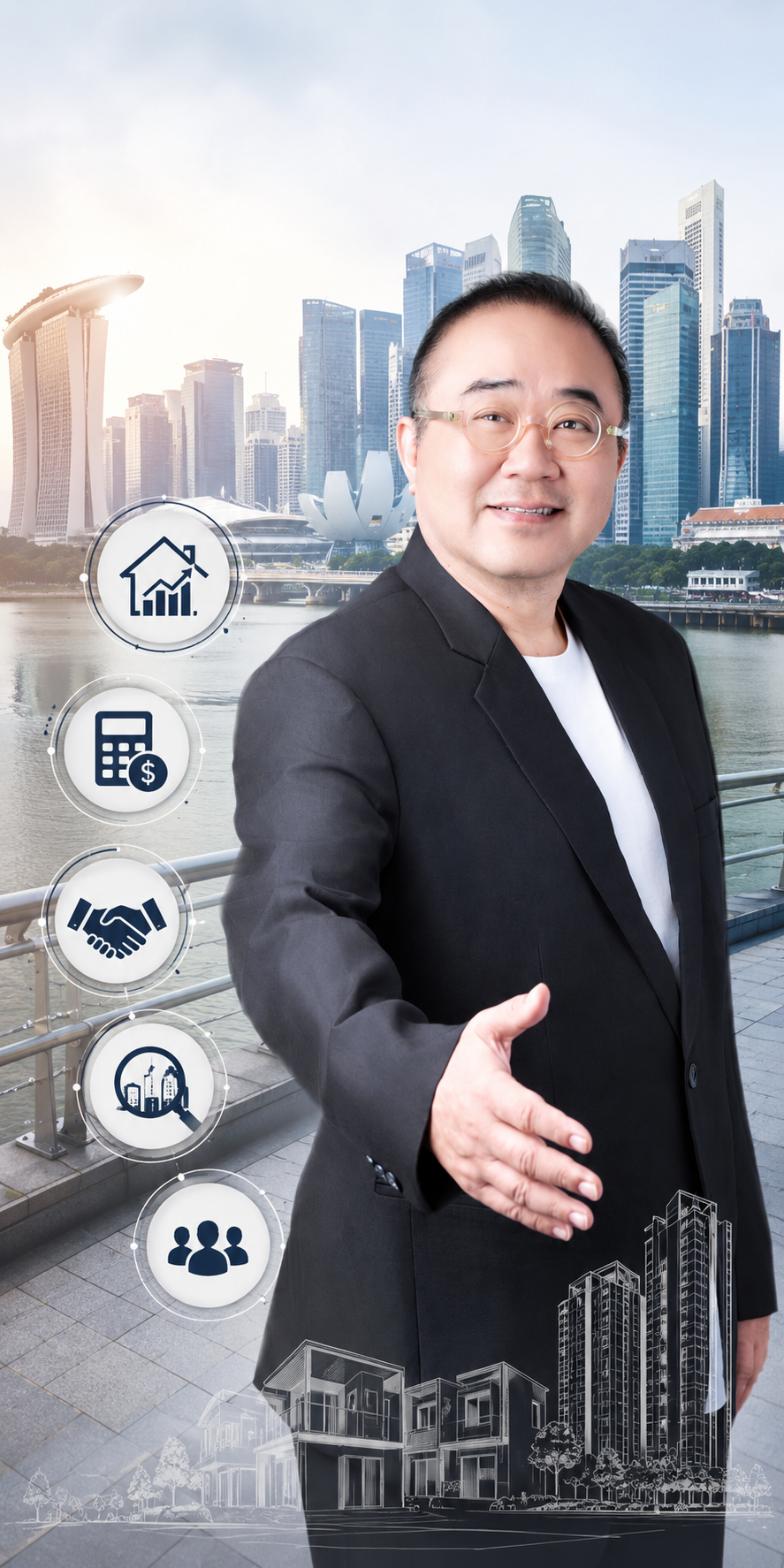 Property investment agent in Singapore, Colin Choo, with Marina Bay skyline and investment icons