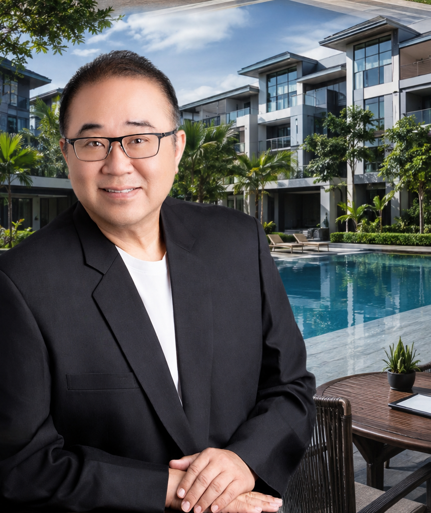 Colin Choo, cluster house agent in Singapore, in front of a strata-titled landed development with shared pool
